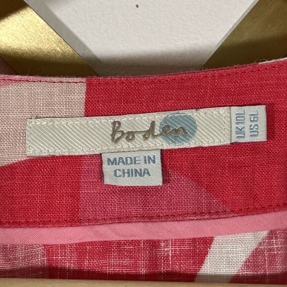 Boden Shift Dress Size 6L 6 Long 100% Linen Split Neck Pink Print Mod Coastal - Picture 6 of 9